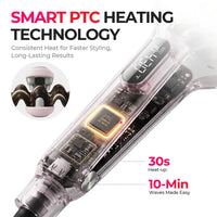 Transparent internal view of TYMO ROVY COMPACT showing Smart PTC heating technology chip, digital screen display, 30-second heat-up, and 10-minute styling feature.