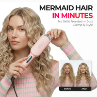 Blonde woman holding the pink TYMO ROVY COMPACT waver to create mermaid hair waves with a small inset showing frizzy hair before and styled waves after.