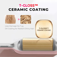 Close-up of the gold T-GLOSS ceramic coating barrel on TYMO ROVY COMPACT with before and after hair texture insets emphasizing reduced damage and shiny finish.