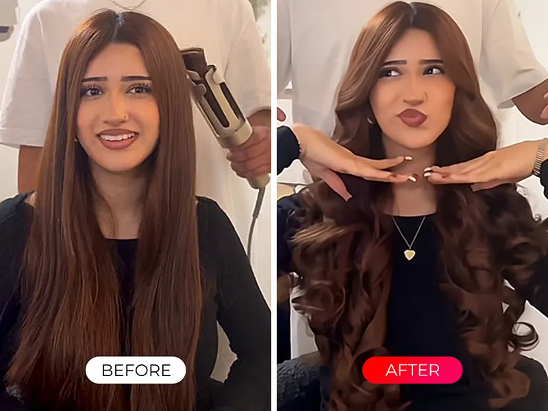 Before and after results of TYMO CURLPRO PLUS automatic iron for long hair.