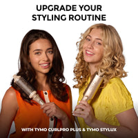 Two smiling women showing styled curly hair with TYMO Stylux thermal brush and TYMO CurlPro Plus auto curler