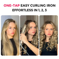 Step-by-step three-stage transformation showing hair before, during one-tap styling, and after creating bouncy curls with TYMO CURLPRO PLUS (1.5 INCH)