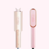 TYMO Glow Up Your Hair Game set featuring automatic curler and pink hair straightener brush side by side