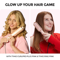 Two women styling hair using TYMO CurlPro Plus auto curler for loose curls and TYMO Ring pink straightener brush