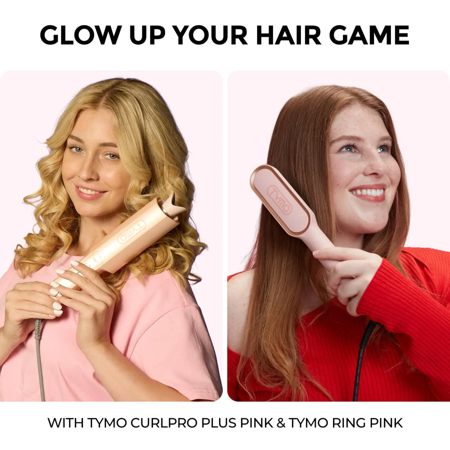 Two women styling hair using TYMO CurlPro Plus auto curler for loose curls and TYMO Ring pink straightener brush