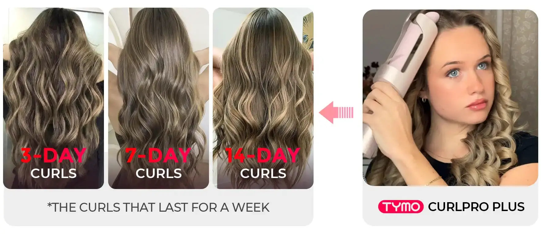 TYMO CURLPRO PLUS PINK ceramic curler tools maintain curls for 3 to 14 days.