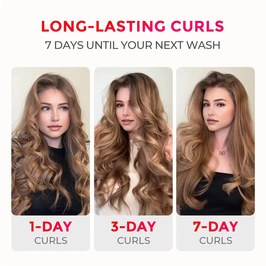 Blonde model demonstrating 7-day long-lasting curl retention created with the TYMO CURLPRO PLUS PINK curling iron, showing curls on Day 1, Day 3, and Day 7.