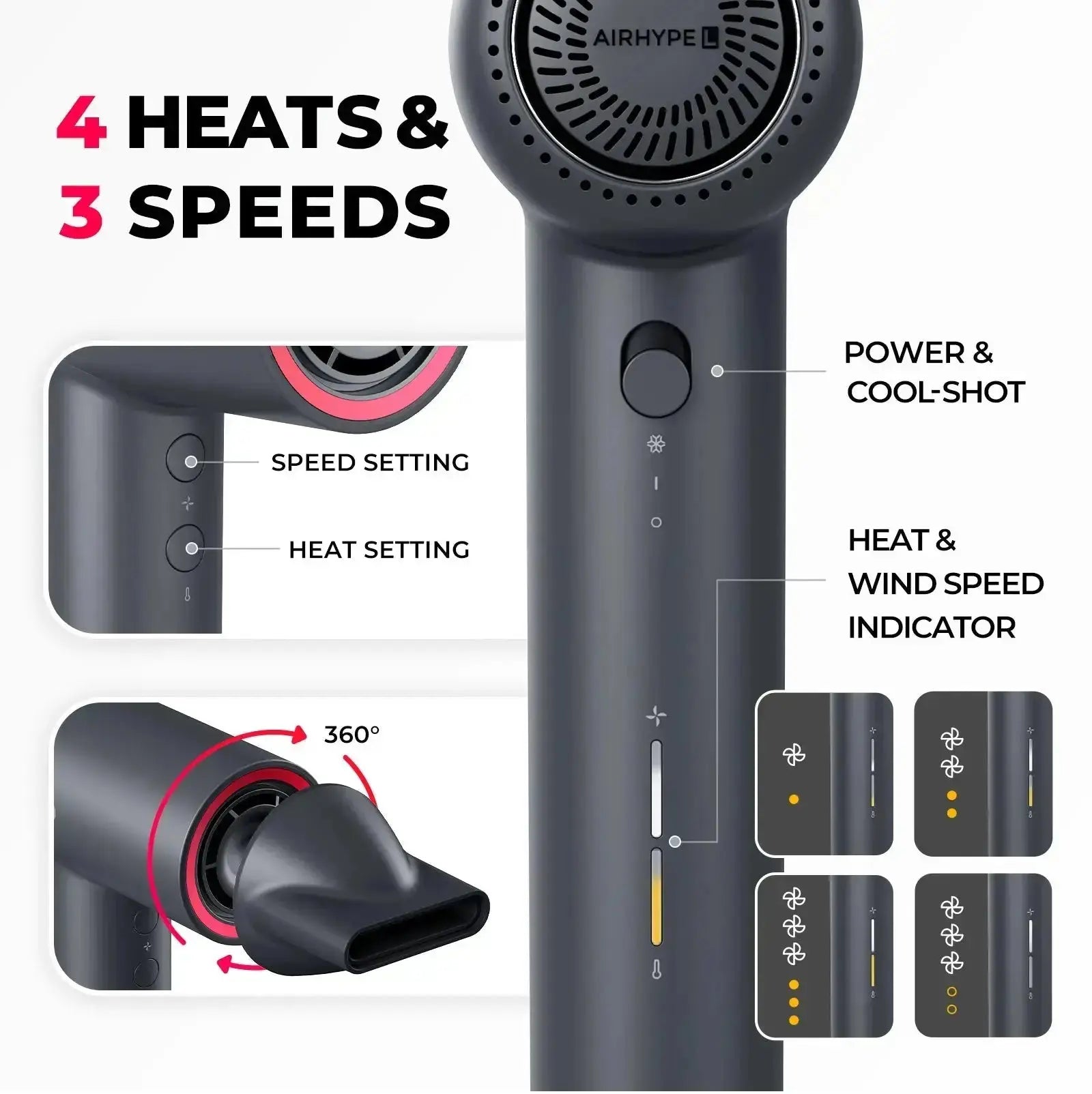 AIRHYPE LITE by TYMO, a dyson alternative hair dryer with 4 heats and 3 speeds.
