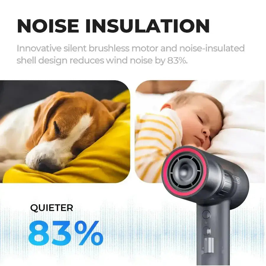 Small TYMO AIRHYPE LITE, a dyson alternative hair dryer with noise-insulated shell design for travel.