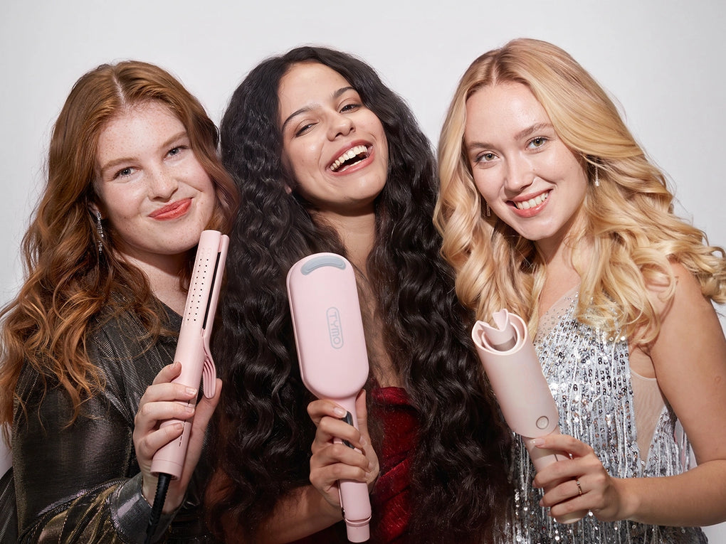 Three women with wavy and curly hair holding TYMO AIRFLOW Pink, ROVY hair waver, and CURLPRO PLUS automatic curler.