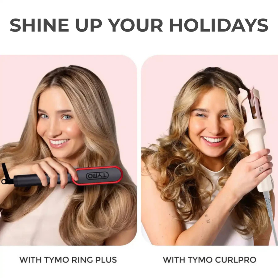 Side-by-side demonstration banner titled "Shine Up Your Holidays" featuring models showcasing straight hair results with TYMO RING PLUS and bouncy curls with TYMO CURLPRO.