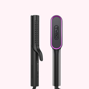 Front and side view of the matte black TYMO AIRFLOW curling iron and the purple-trimmed TYMO RING hair straightener comb set against a light pink background.