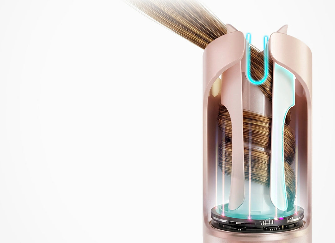 Close-up of TYMO CURLPRO PLUS automatic hair curler with AutoGuide technology wrapping a section of hair around the curling barrel.