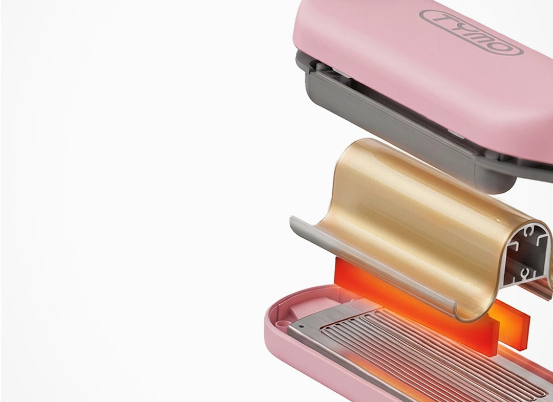 Exploded view of TYMO ROVY hair waver showing PTC heating elements and curved styling plates for even heat distribution.