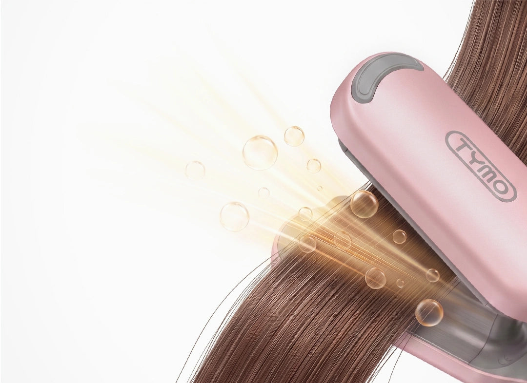 Close-up of TYMO ROVY hair waver styling a section of brown hair, highlighting ceramic technology and negative ions.